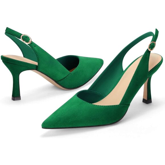 Women's Navy Green Kitten Heels Closed Pointed Toe Wedding Party Dress Pumps - Picture 3 of 4